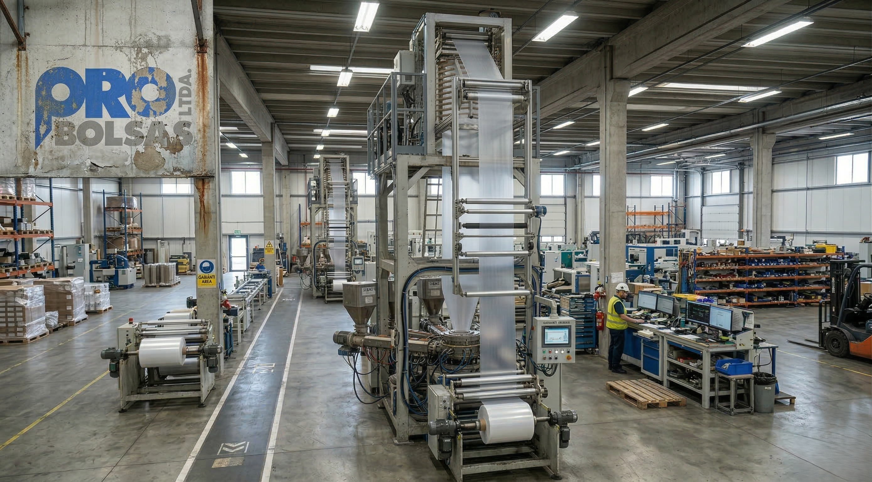 Rollos de film plástico industrial en una planta de manufactura